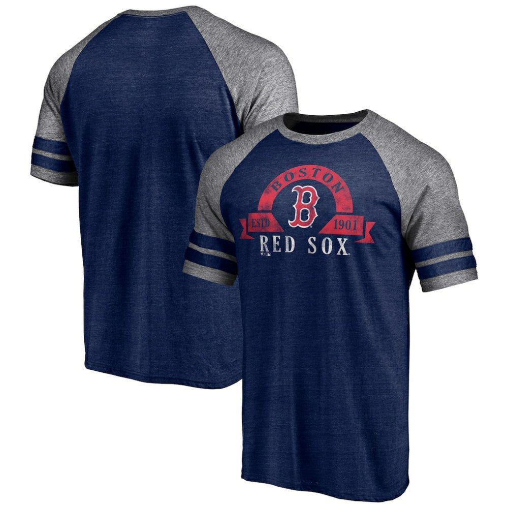 Boston Red Sox Utility Two-Stripe Raglan Tri-Blend T-Shirt - Heather Navy