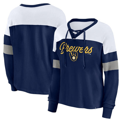 Milwaukee Brewers Women's Even Match Lace-Up Long Sleeve V-Neck T-Shirt - Navy/White