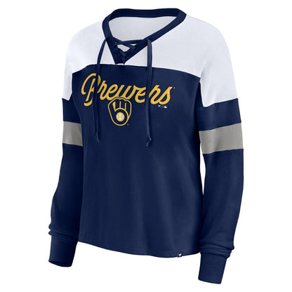 Milwaukee Brewers Women's Even Match Lace-Up Long Sleeve V-Neck T-Shirt - Navy/White