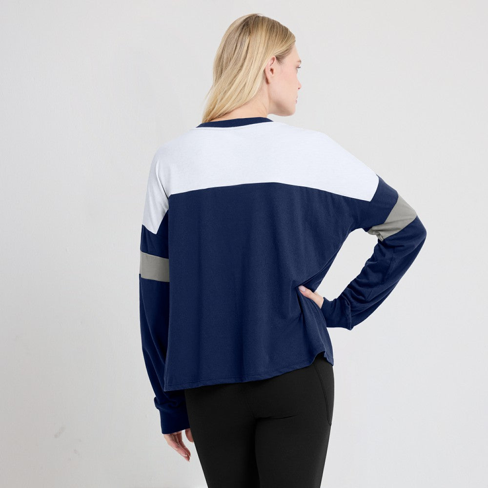 Milwaukee Brewers Women's Even Match Lace-Up Long Sleeve V-Neck T-Shirt - Navy/White