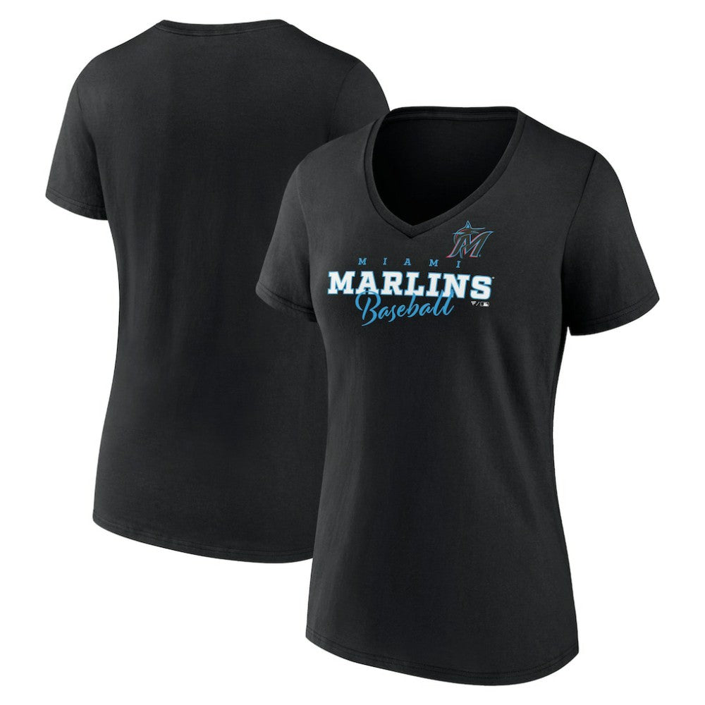 Miami Marlins Women's Back In Business V-Neck T-Shirt - Black