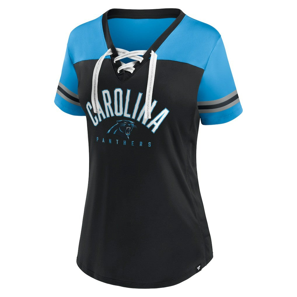Carolina Panthers Women's Blitz & Glam Lace-Up V-Neck Jersey T-Shirt - Black/Blue for sale