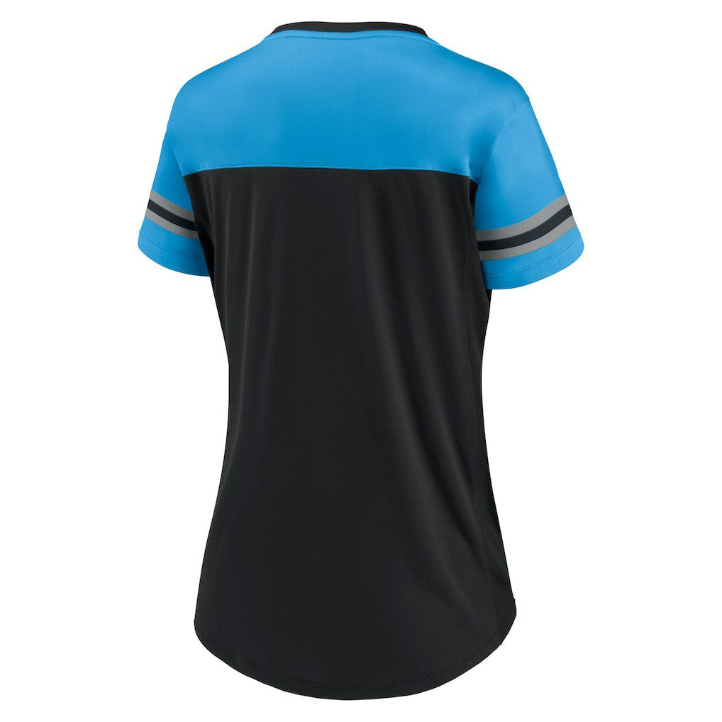 Carolina Panthers Women's Blitz & Glam Lace-Up V-Neck Jersey T-Shirt - Black/Blue for sale