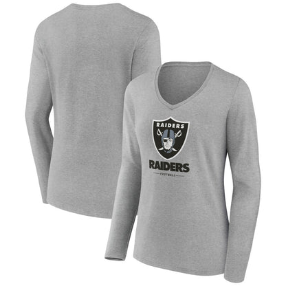 Las Vegas Raiders Women's Logo Team Lockup Long Sleeve V-Neck T-Shirt - Heather Gray outlet