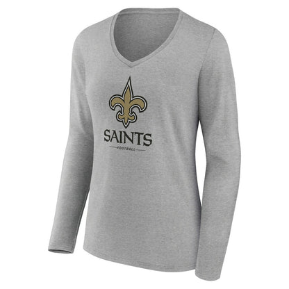 New Orleans Saints Women's Logo Team Lockup Long Sleeve V-Neck T-Shirt - Heather Gray for sale