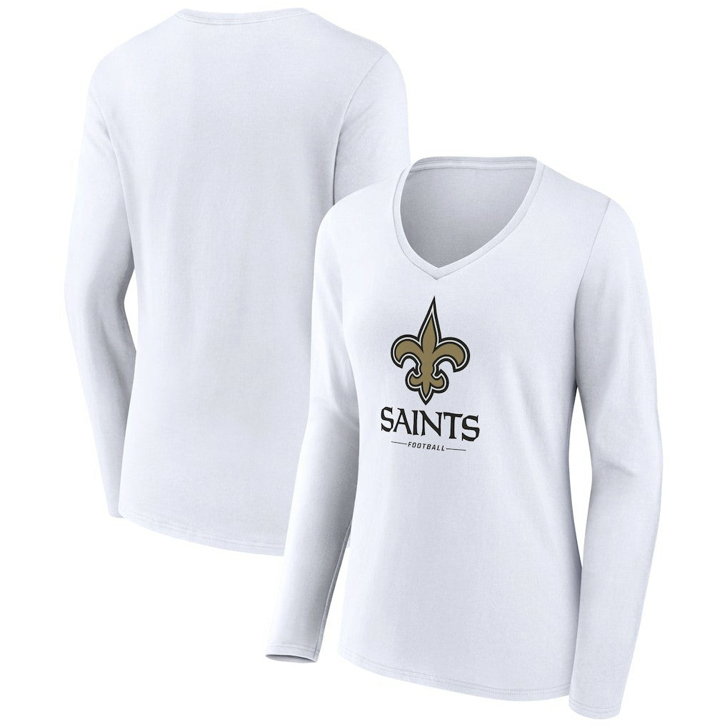 New Orleans Saints Women's Logo Team Lockup Long Sleeve V-Neck T-Shirt - White outlet