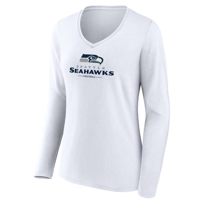 Seattle Seahawks Women's Logo Team Lockup Long Sleeve V-Neck T-Shirt - White cheap
