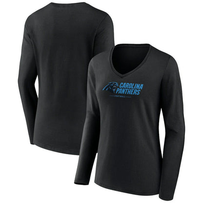 Carolina Panthers Women's Logo Team Lockup Long Sleeve V-Neck T-Shirt - Black on sale