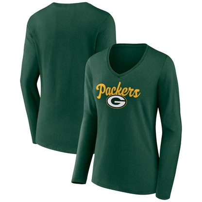 Green Bay Packers Women's Freehand Team Long Sleeve V-Neck T-Shirt - Green discount
