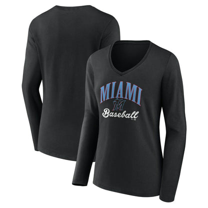 Miami Marlins Women's Victory Script Long Sleeve V-Neck T-Shirt - Black