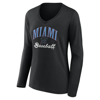 Miami Marlins Women's Victory Script Long Sleeve V-Neck T-Shirt - Black