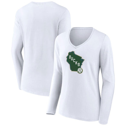 Milwaukee Bucks Women's Alternate Logo V-Neck Long Sleeve T-Shirt - White outlet