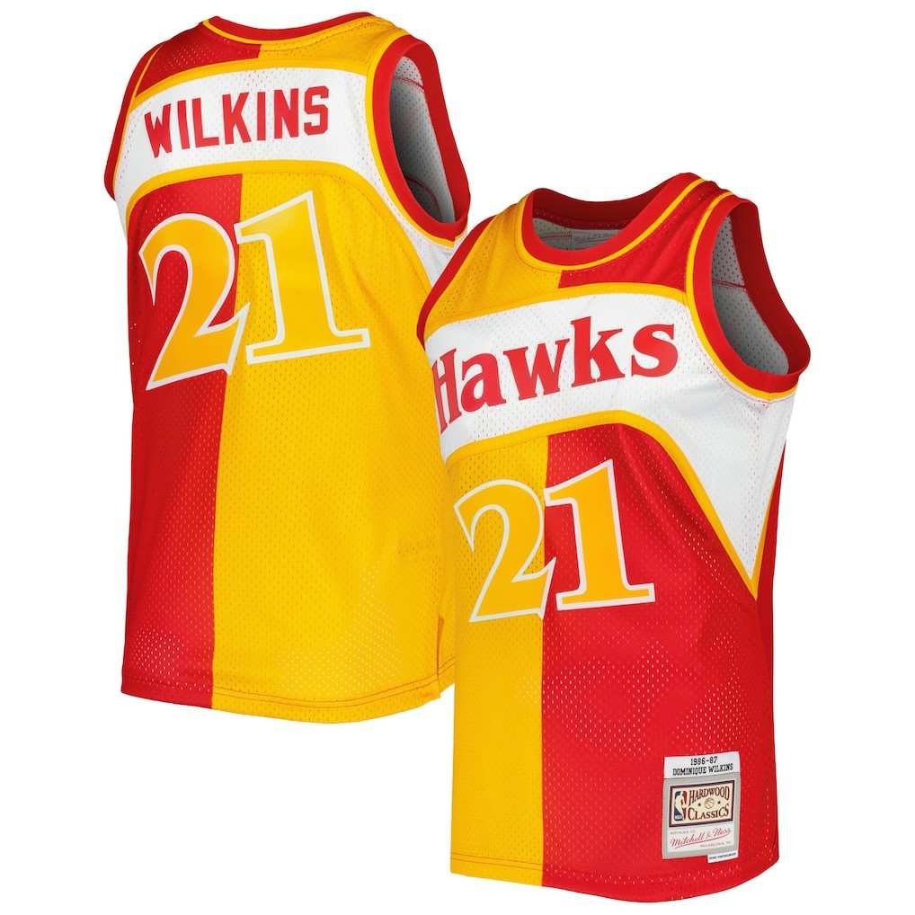Dominique Wilkins Atlanta Hawks Hardwood Classics 1986/87 Split Swingman Jersey - Yellow/Red | Mitchell & Ness cheap