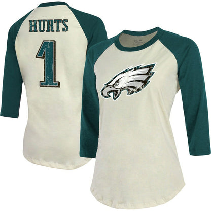 Jalen Hurts Philadelphia Eagles Majestic Threads Women's Player Raglan Name & Number Fitted 3/4-Sleeve T-Shirt - Cream/Green sale