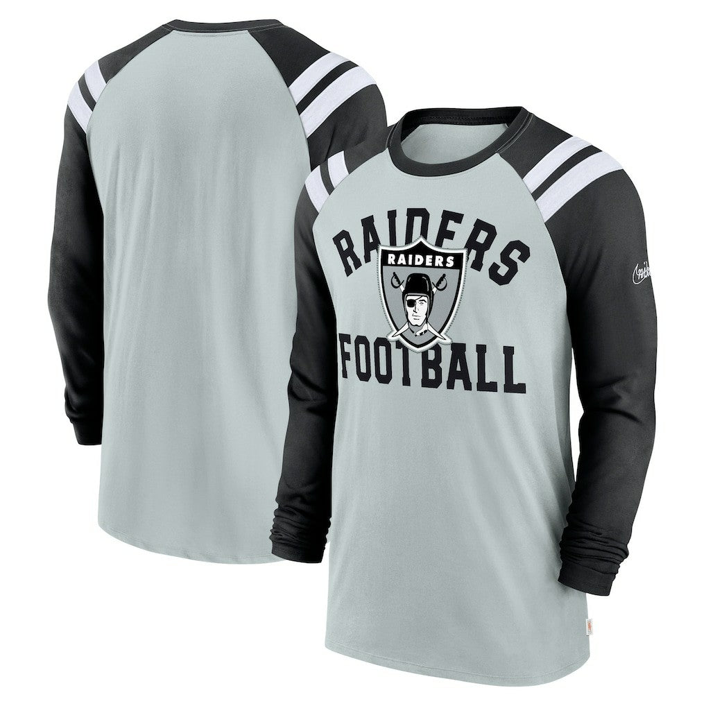 Las Vegas Raiders Classic Arc Raglan Tri-Blend Long Sleeve T-Shirt - Silver/Black | Nike on sale