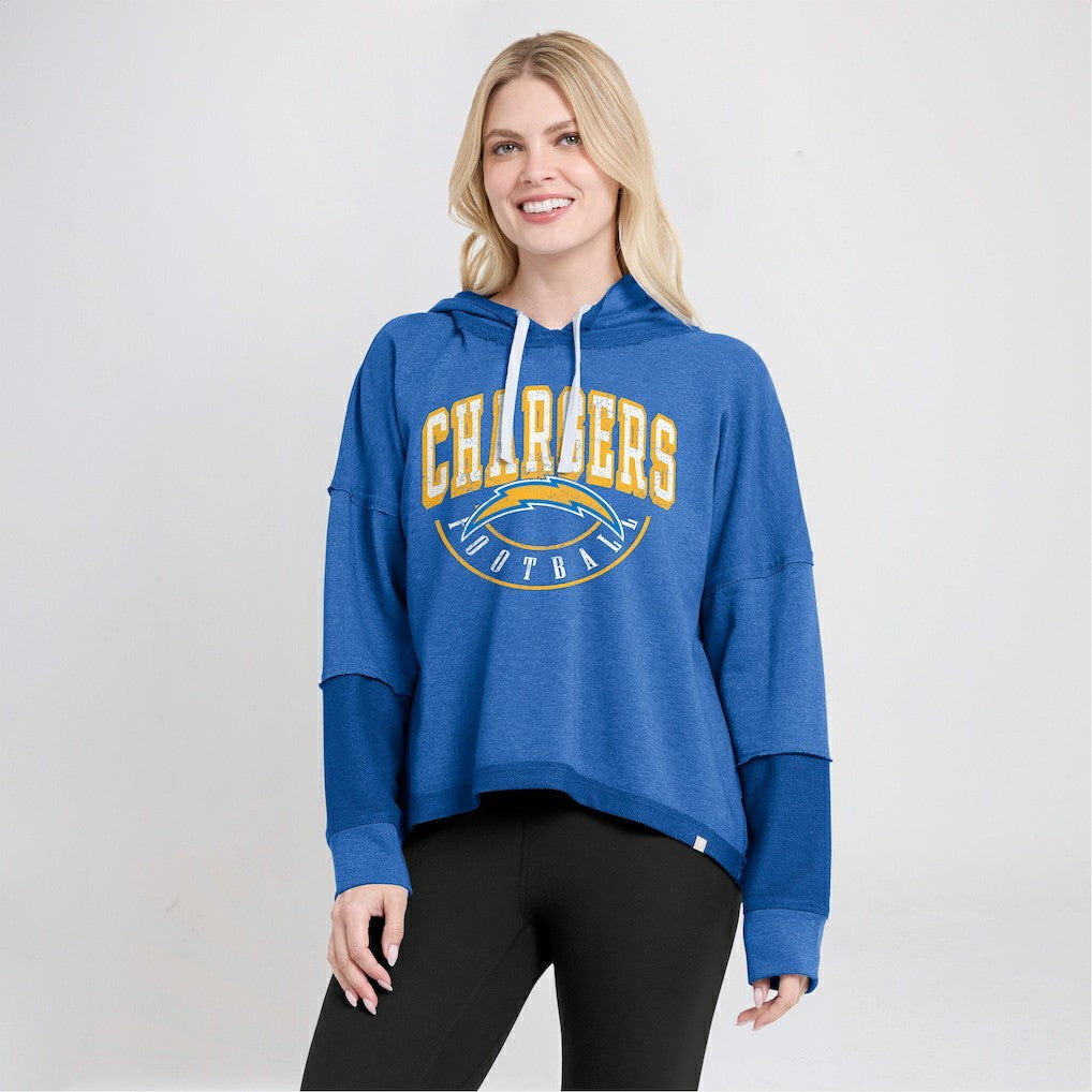 Los Angeles Chargers Women's Lightewight Modest Crop Lounge Helmet Arch Pullover Hoodie - Powder Blue cheap