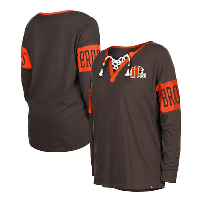 Cleveland Browns New Era Women's Lace-Up Notch Neck Long Sleeve T-Shirt - Brown on sale