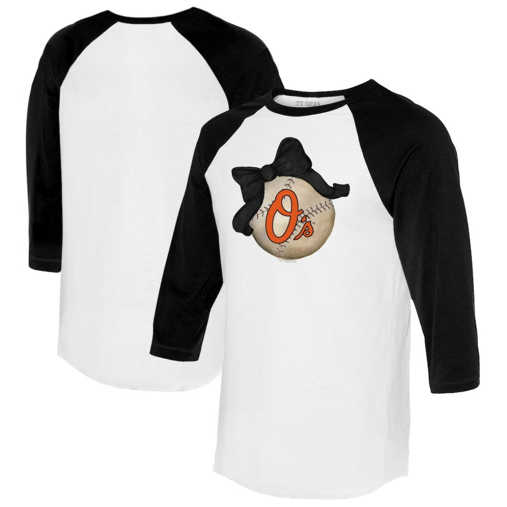 Baltimore Orioles Tiny Turnip Women's Baseball Bow 3/4-Sleeve Raglan T-Shirt - White/Black