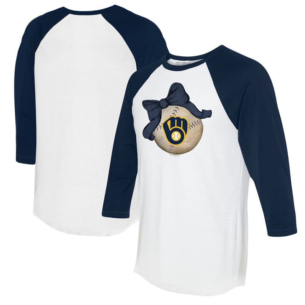 Milwaukee Brewers Tiny Turnip Women's Baseball Bow 3/4-Sleeve Raglan T-Shirt - White/Navy