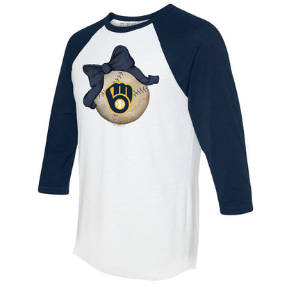 Milwaukee Brewers Tiny Turnip Women's Baseball Bow 3/4-Sleeve Raglan T-Shirt - White/Navy