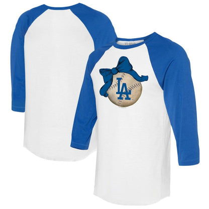 Los Angeles Dodgers Tiny Turnip Women's Baseball Bow 3/4-Sleeve Raglan T-Shirt - White/Royal