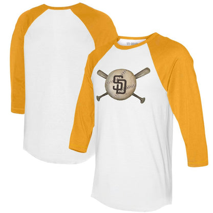 San Diego Padres Tiny Turnip Women's Baseball Cross Bats 3/4-Sleeve Raglan T-Shirt - White/Gold
