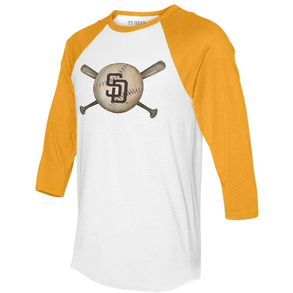 San Diego Padres Tiny Turnip Women's Baseball Cross Bats 3/4-Sleeve Raglan T-Shirt - White/Gold