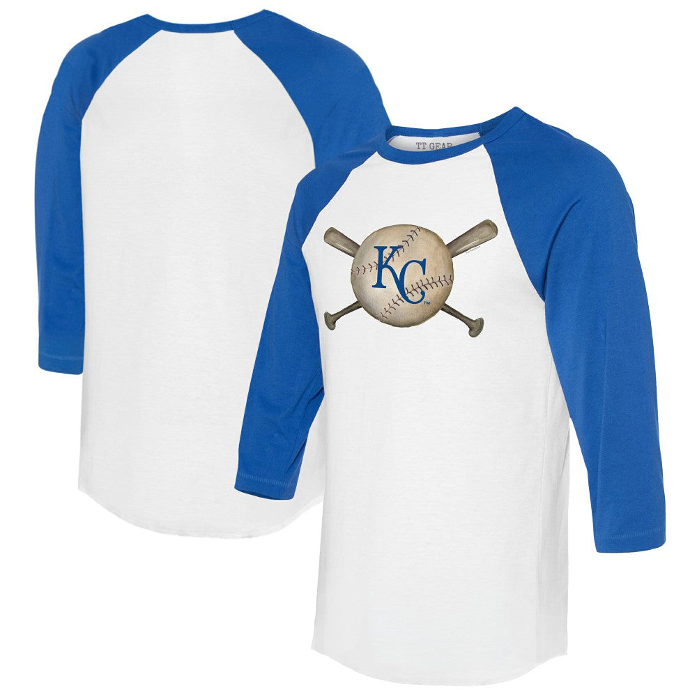 Kansas City Royals Tiny Turnip Women's Baseball Cross Bats 3/4-Sleeve Raglan T-Shirt - White/Royal