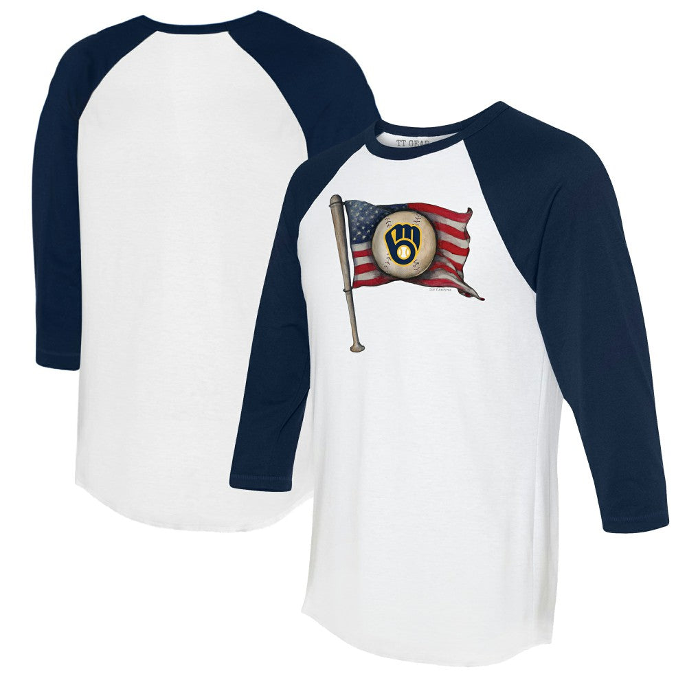 Milwaukee Brewers Tiny Turnip Women's Baseball Flag 3/4-Sleeve Raglan T-Shirt - White/Navy