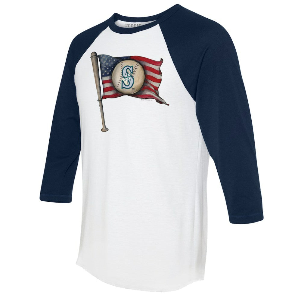 Seattle Mariners Tiny Turnip Women's Baseball Flag 3/4-Sleeve Raglan T-Shirt - White/Navy