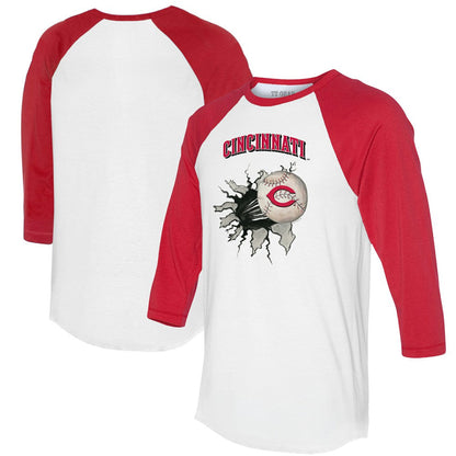 Cincinnati Reds Tiny Turnip Women's Baseball Tear 3/4-Sleeve Raglan T-Shirt - White/Red