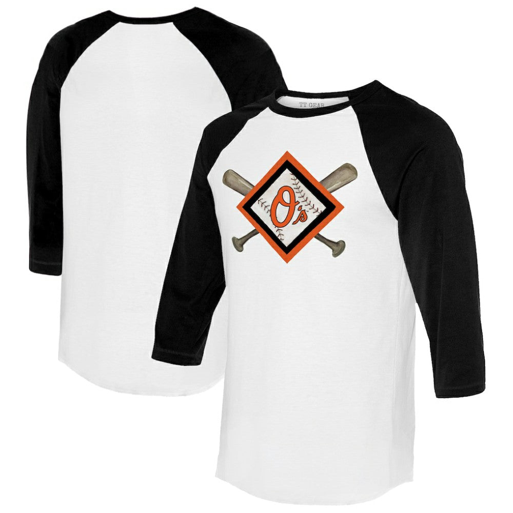 Baltimore Orioles Tiny Turnip Women's Diamond Cross Bats 3/4-Sleeve Raglan T-Shirt - White/Black