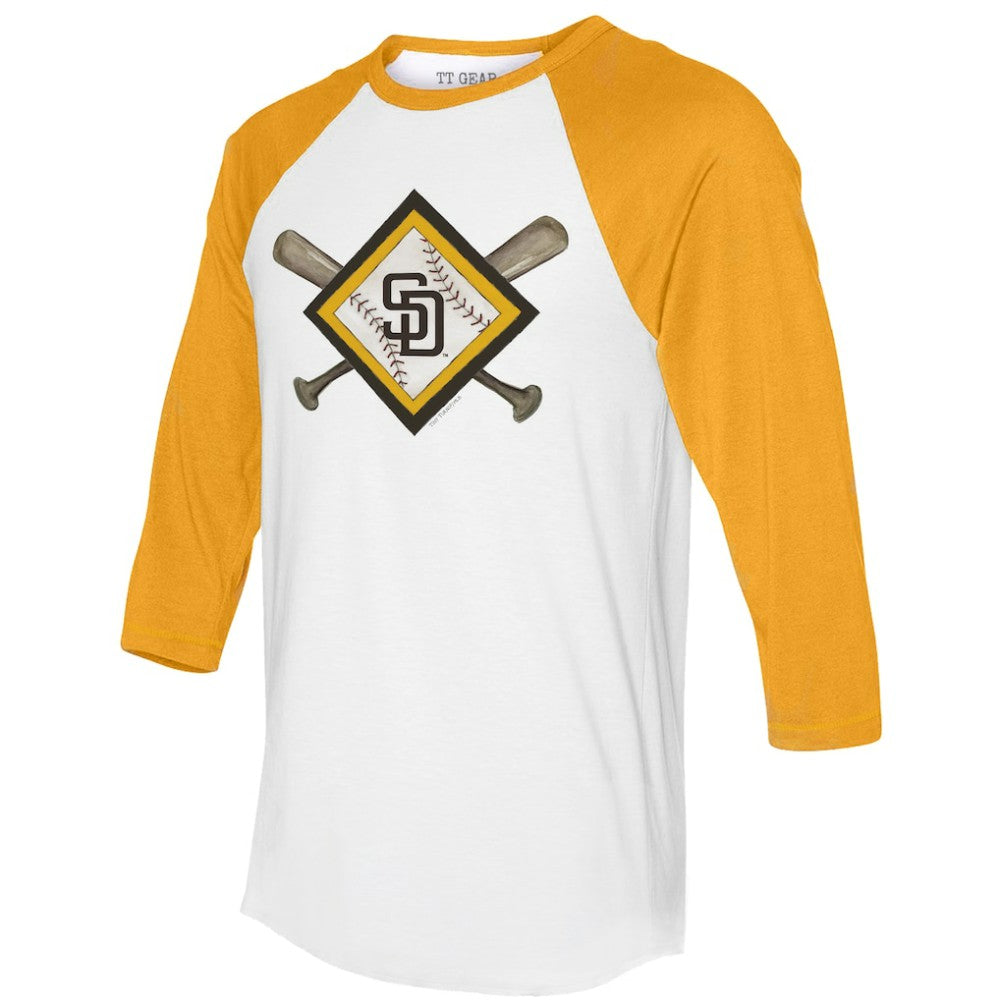 San Diego Padres Tiny Turnip Women's Diamond Cross Bats 3/4-Sleeve Raglan T-Shirt - White/Gold