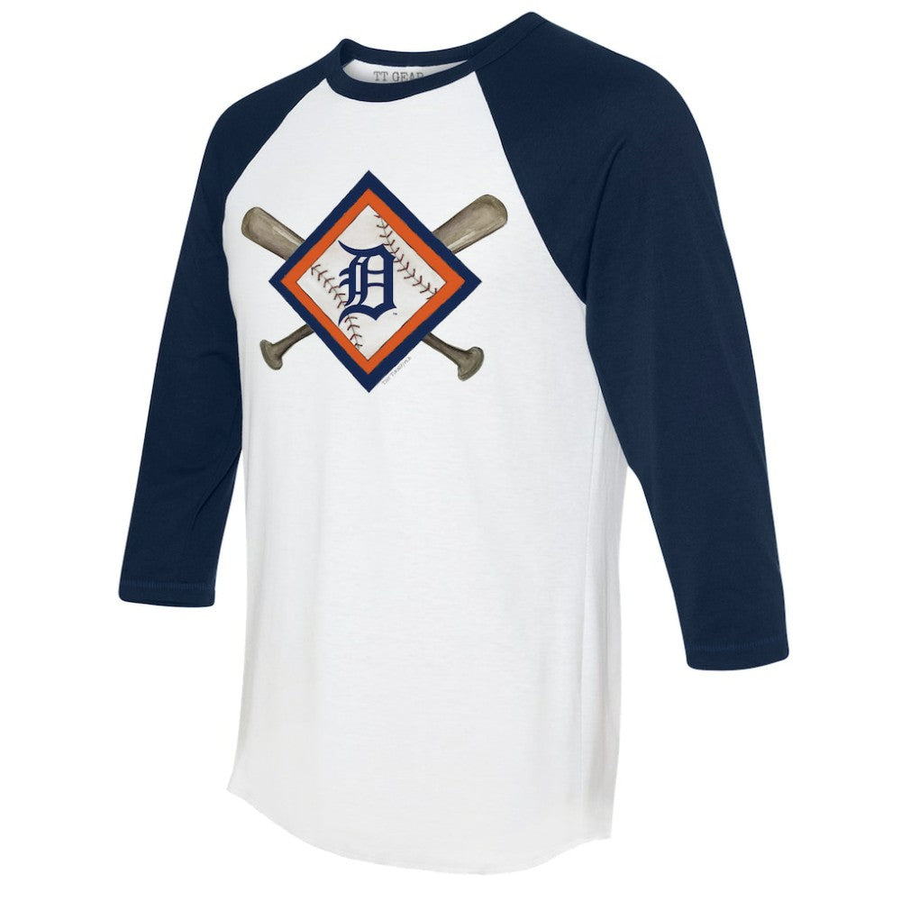 Detroit Tigers Tiny Turnip Women's Diamond Cross Bats 3/4-Sleeve Raglan T-Shirt - White/Navy