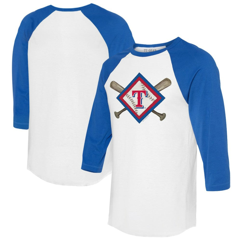 Texas Rangers Tiny Turnip Women's Diamond Cross Bats 3/4-Sleeve Raglan T-Shirt - White/Royal