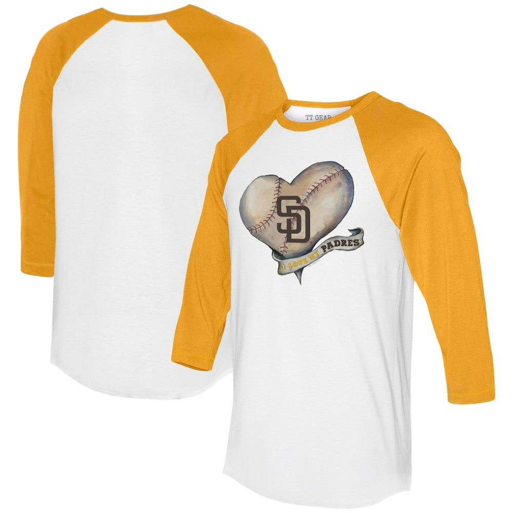 San Diego Padres Tiny Turnip Women's Heart Banner 3/4-Sleeve Raglan T-Shirt - White/Gold