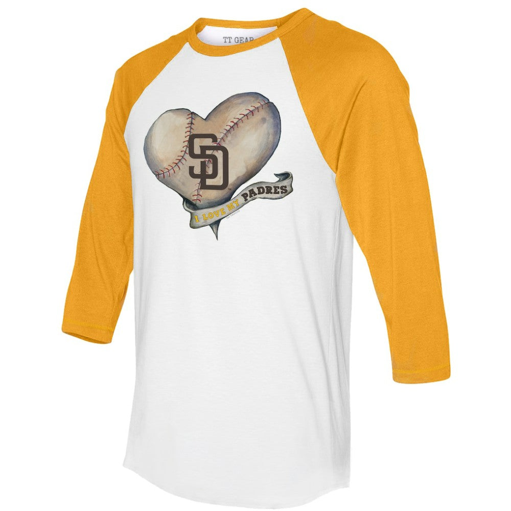 San Diego Padres Tiny Turnip Women's Heart Banner 3/4-Sleeve Raglan T-Shirt - White/Gold