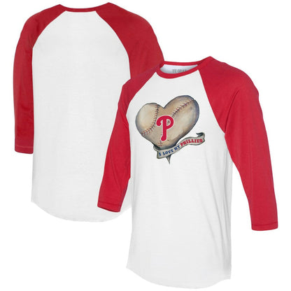 Philadelphia Phillies Tiny Turnip Women's Heart Banner 3/4-Sleeve Raglan T-Shirt - White/Red