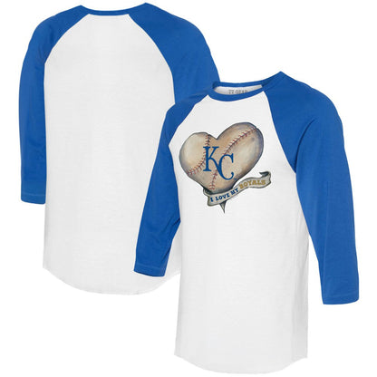 Kansas City Royals Tiny Turnip Women's Heart Banner 3/4-Sleeve Raglan T-Shirt - White/Royal