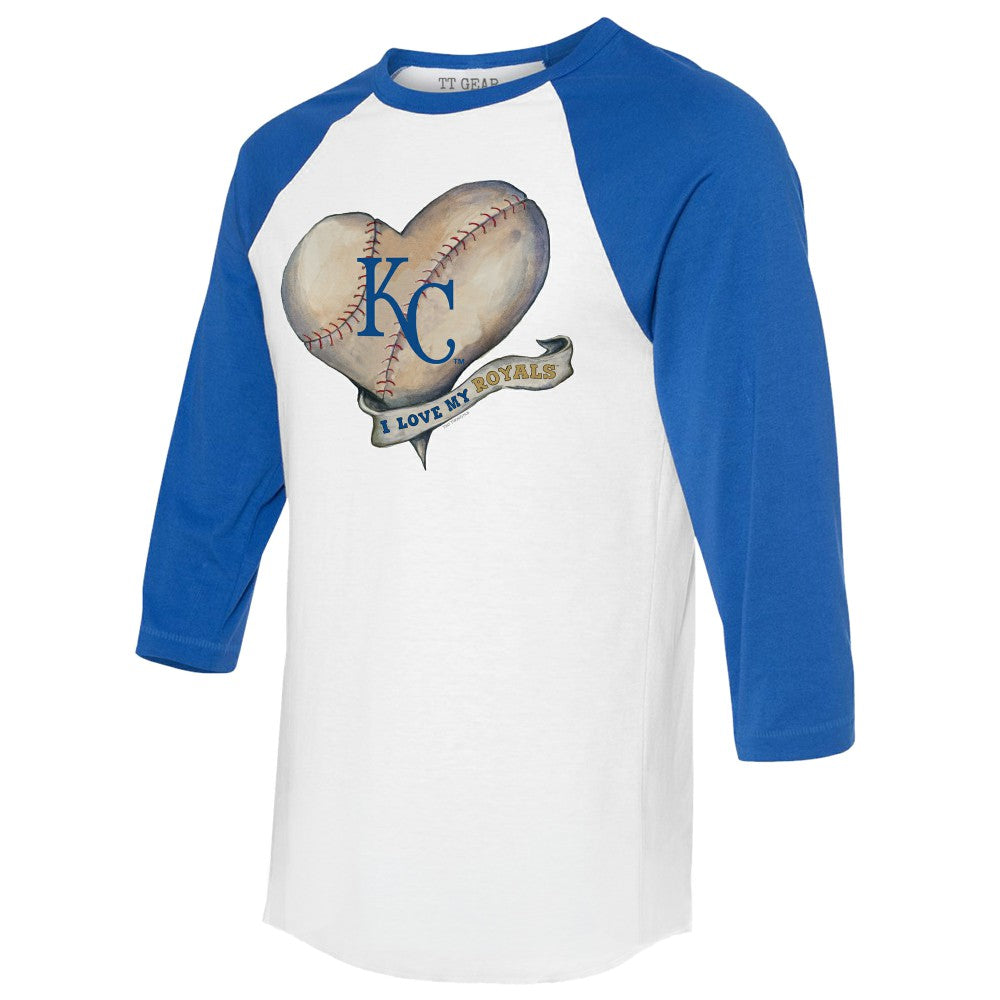 Kansas City Royals Tiny Turnip Women's Heart Banner 3/4-Sleeve Raglan T-Shirt - White/Royal