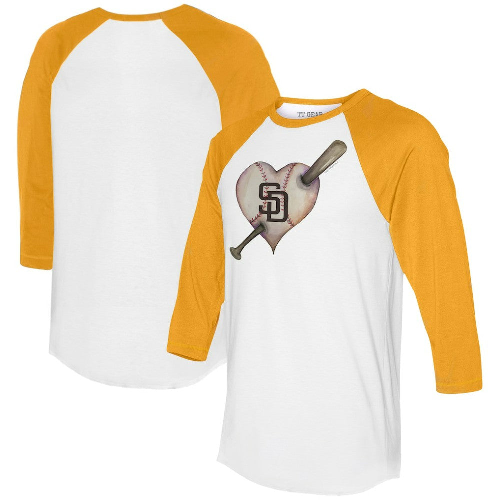 San Diego Padres Tiny Turnip Women's Heart Bat 3/4-Sleeve Raglan T-Shirt - White/Gold