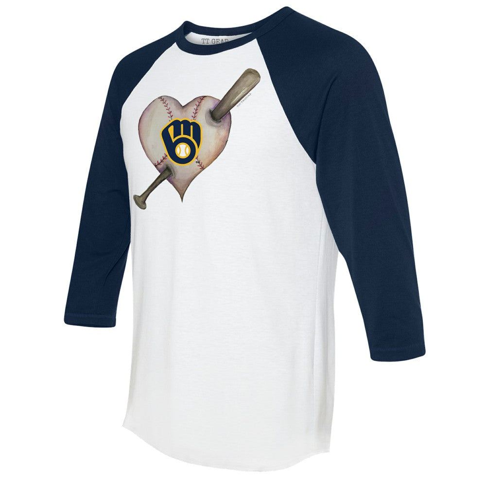 Milwaukee Brewers Tiny Turnip Women's Heart Bat 3/4-Sleeve Raglan T-Shirt - White/Navy