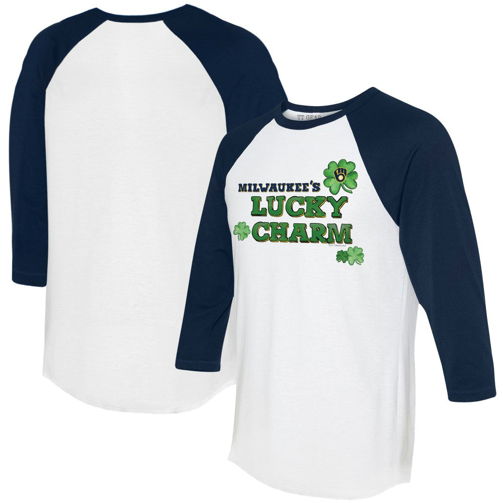 Milwaukee Brewers Tiny Turnip Women's Lucky Charm 3/4-Sleeve Raglan T-Shirt - White/Navy