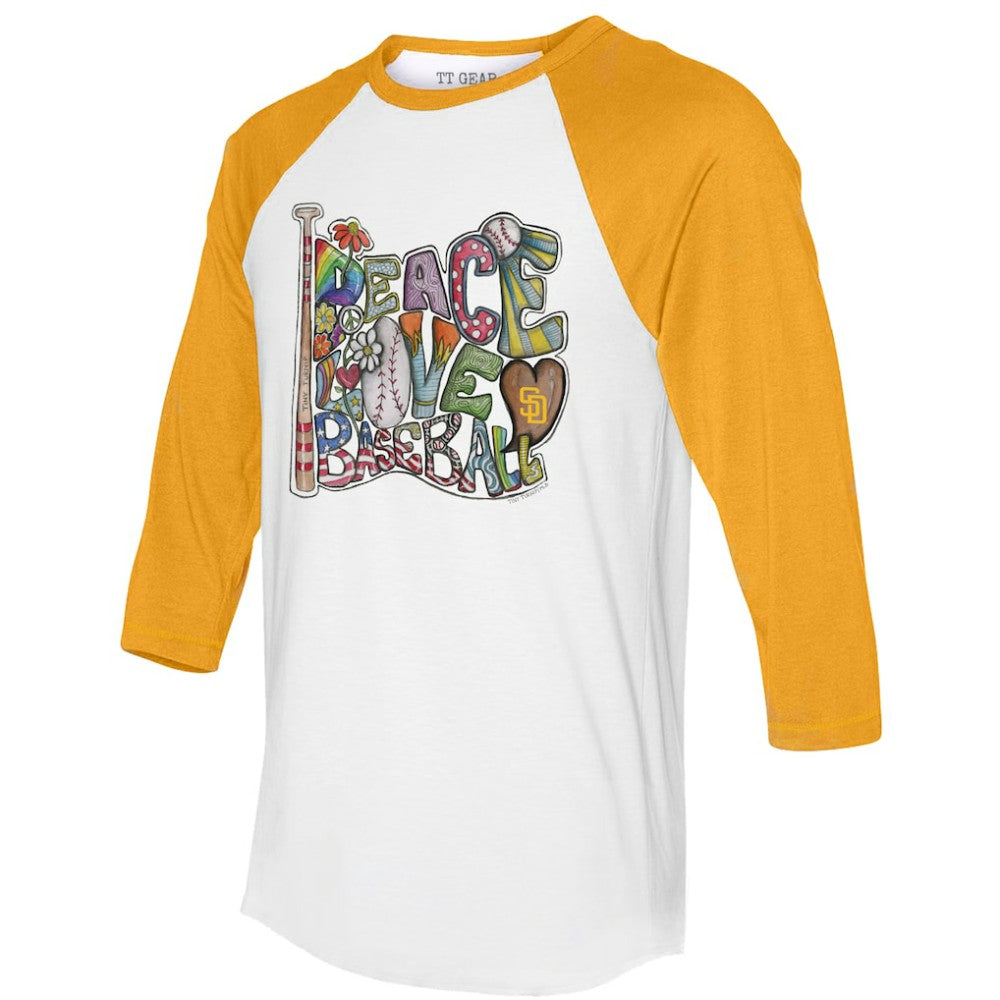 San Diego Padres Tiny Turnip Women's Peace Love Baseball 3/4-Sleeve Raglan T-Shirt - White/Gold