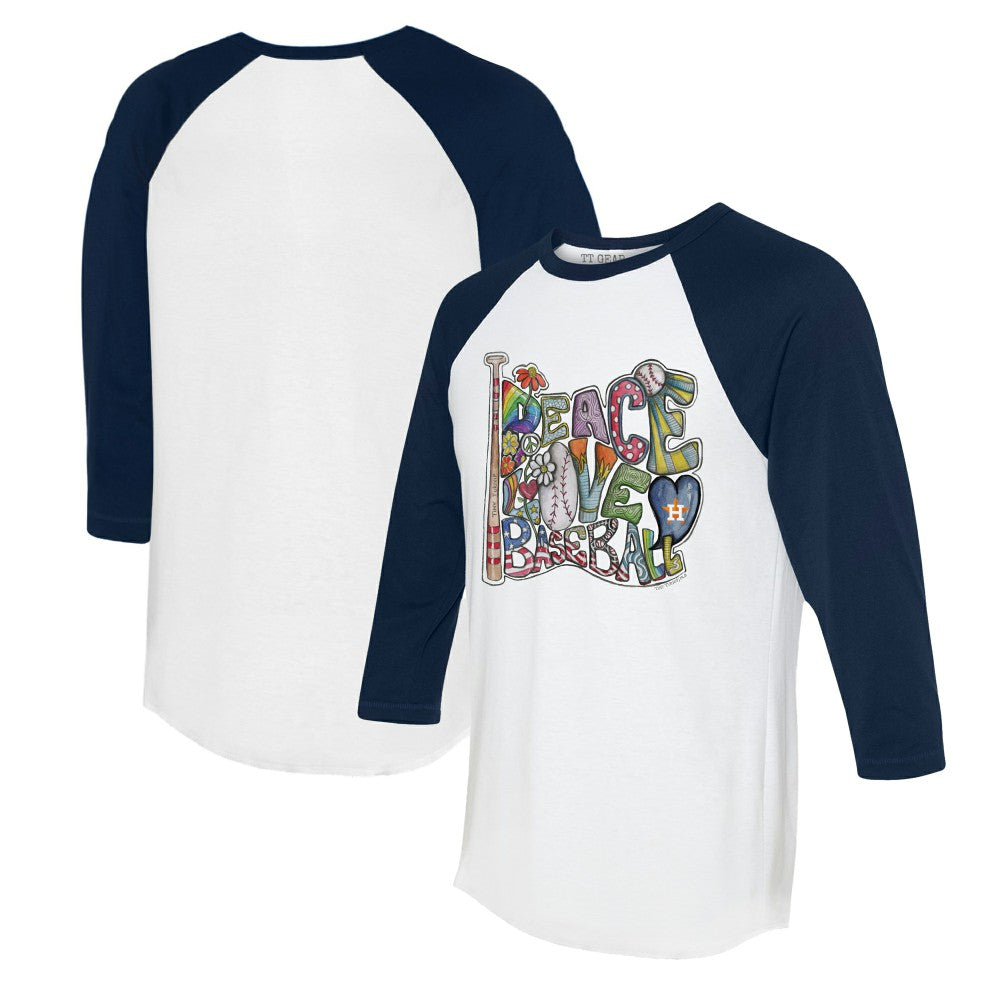 Houston Astros Tiny Turnip Women's Peace Love Baseball 3/4-Sleeve Raglan T-Shirt - White/Navy