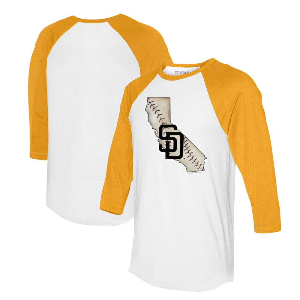San Diego Padres Tiny Turnip Unisex State Outline 3/4-Sleeve Raglan T-Shirt - White/Gold