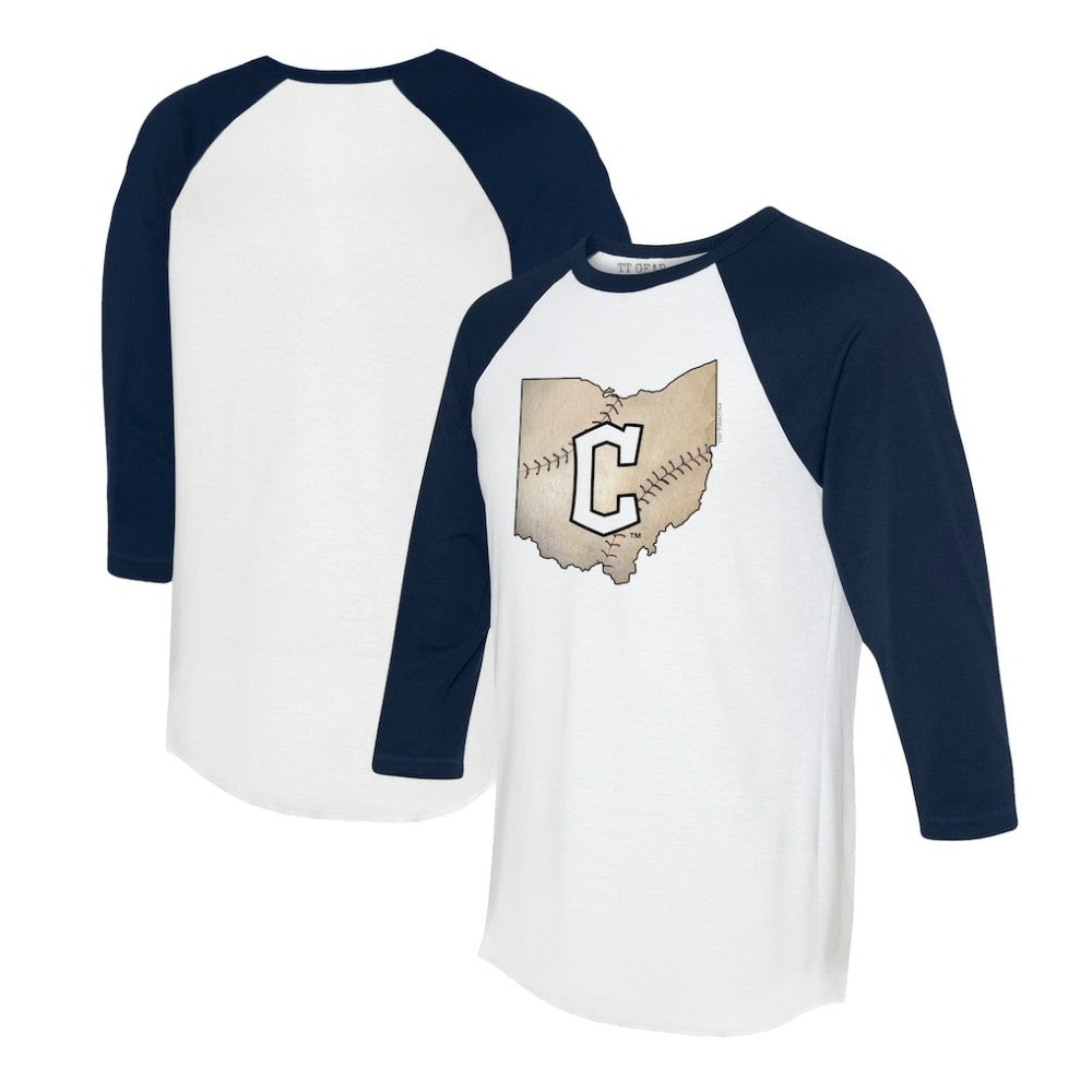 Cleveland Guardians Tiny Turnip Unisex State Outline 3/4-Sleeve Raglan T-Shirt - White/Navy