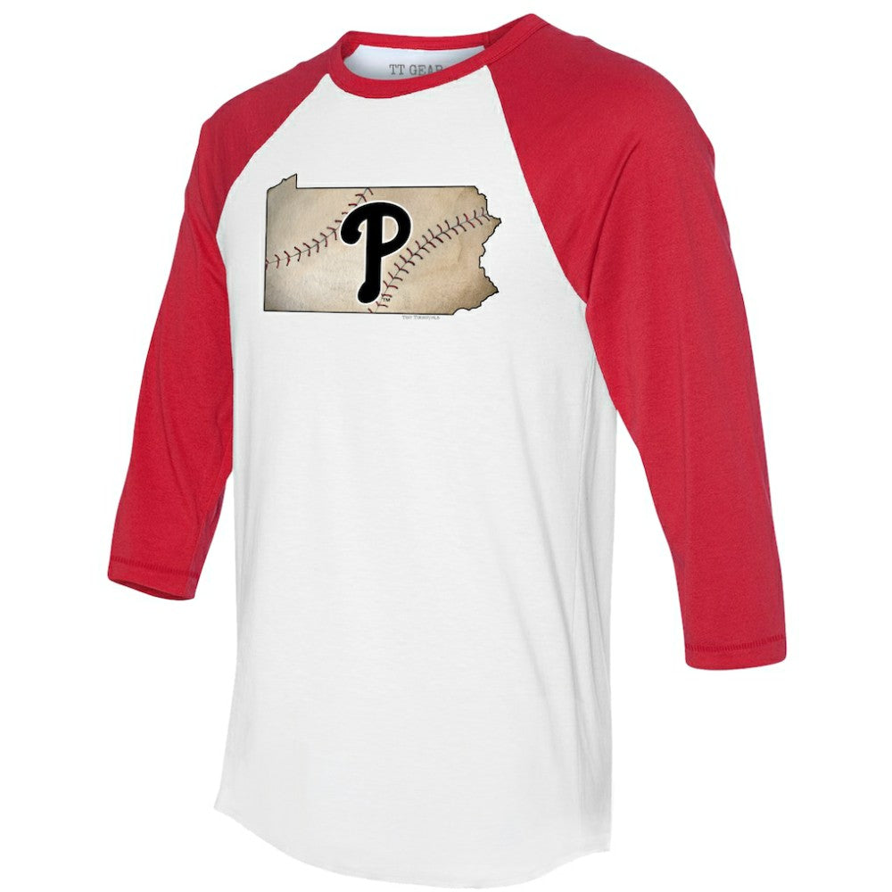 Philadelphia Phillies Tiny Turnip Unisex State Outline 3/4-Sleeve Raglan T-Shirt - White/Red