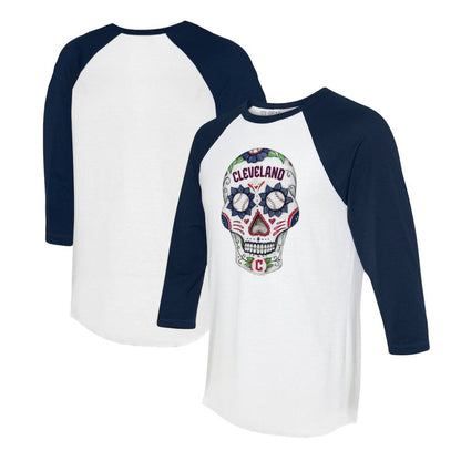 Cleveland Guardians Tiny Turnip Unisex Sugar Skull 3/4-Sleeve Raglan T-Shirt - White/Navy