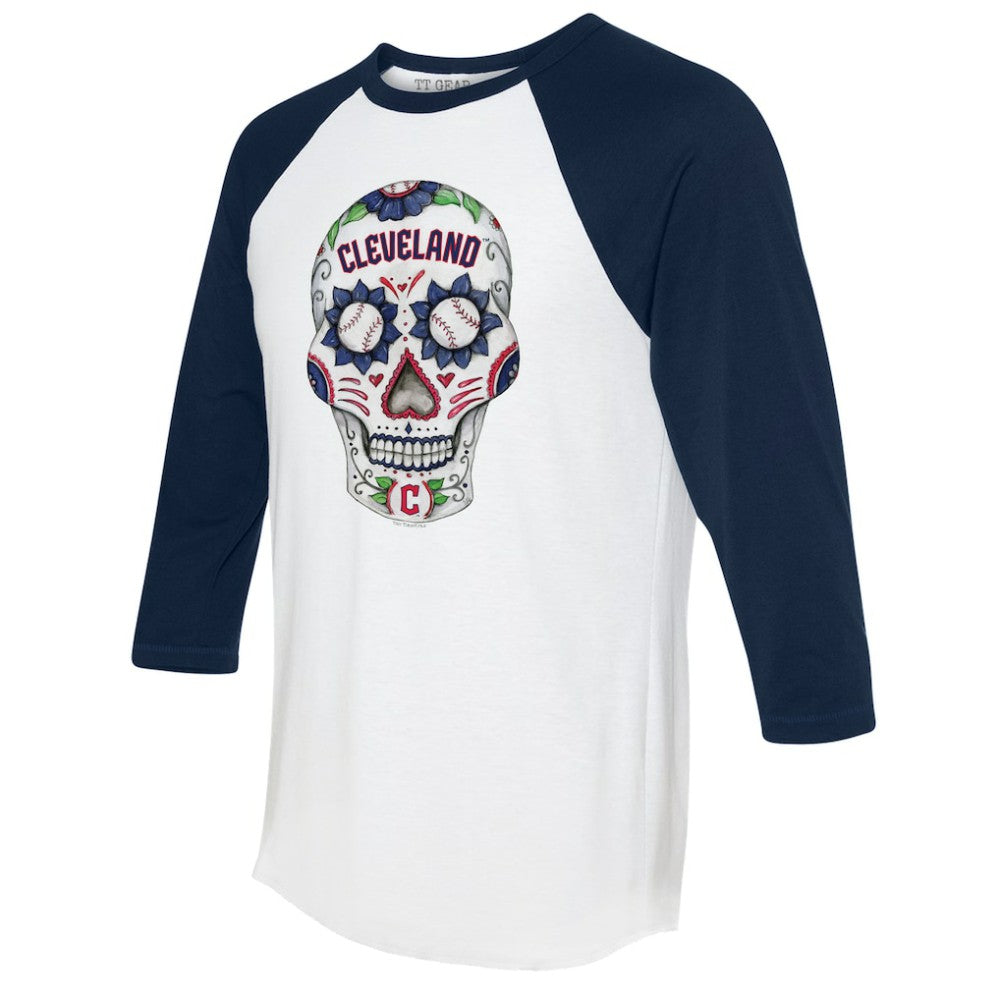 Cleveland Guardians Tiny Turnip Unisex Sugar Skull 3/4-Sleeve Raglan T-Shirt - White/Navy